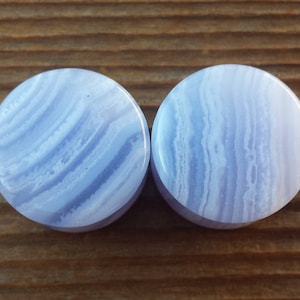 Rare Pair of Real Natural BLUE LACE AGATE Flat Plugs Gauges Body Jewelry Double Flared - Pick Size