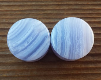 Rare Pair of Real Natural BLUE LACE AGATE Flat Plugs Gauges Body Jewelry Double Flared - Pick Size