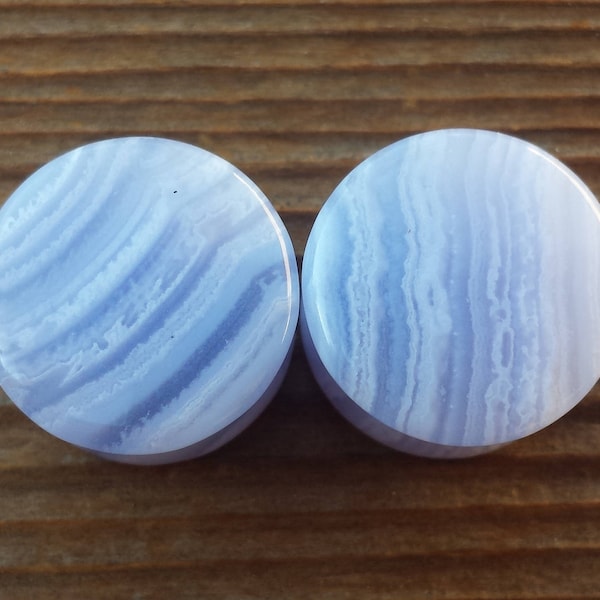 Rare Pair of Real Natural BLUE LACE AGATE Flat Plugs Gauges Body Jewelry Double Flared - Pick Size