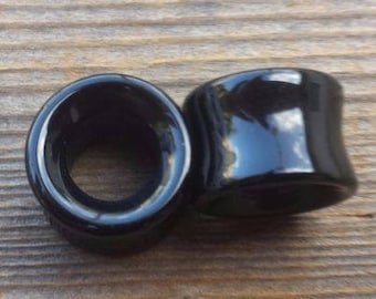 Pair of Real OBSIDIAN TUNNEL Plugs Gauges Body Jewelry Double Flared - Pick Size