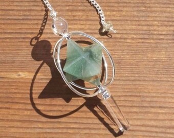 Natural GREEN AVENTURINE Gemstone 3 Stone Merkaba Spinning Star Faceted Pendulum