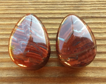 Pair of Real Red TIGER EYE DROP Plugs Gauges Body Jewelry Double Flared - Pick Size