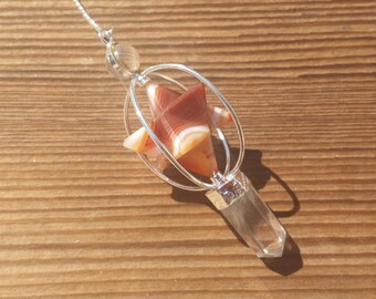 Natural CARNELIAN Gemstone 3 Stone Merkaba Spinning Star Faceted Pendulum