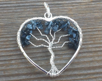 Heart Style SNOWFLAKE OBSIDIAN Tree Of Life Wire Wrapped Pendant Stone Natural Gemstone