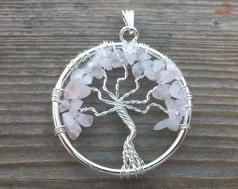 ROSE QUARTZ Tree Of Life Wire Wrapped Pendant Stone Natural Gemstone