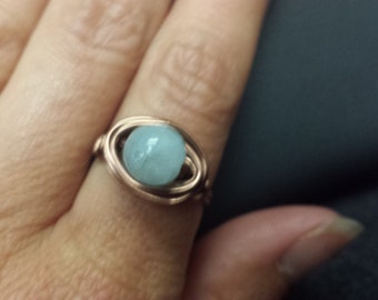 WIRE WRAPPED RING Aquamarine in Antiqued Copper Handmade