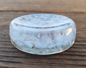 ORGONE ANGELITE Gemsone Sphere Stand And Worry Stone