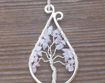 Drop/Peacock Style ROSE QUARTZ Tree Of Life Wire Wrapped Pendant Stone Natural Gemstone