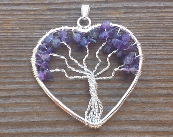 Heart Style AMETHYST Tree Of Life Wire Wrapped Pendant Stone Natural Gemstone