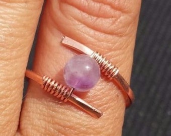 WIRE WRAPPED RING Amethyst in Hand Hammered Copper Handmade