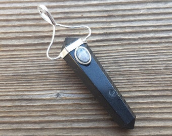 Natural BLACK TOURMALINE And Rainbow MOONSTONE Crystal D - Point Pendant Gemstone