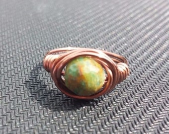 WIRE WRAPPED RING Ruby in Fuchsite in Antiqued Copper Handmade