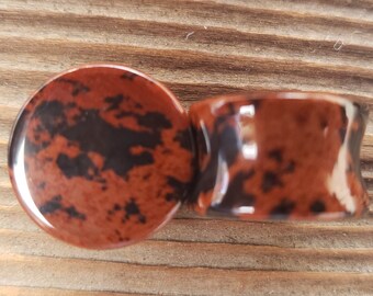 Pair of MAHOGANY OBSIDIAN Flat Plugs Gauges Body Jewelry Double Flared - Pick Size
