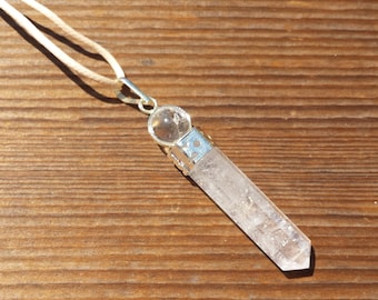 CLEAR QUARTZ 2 Stone Crystal Point Pendant With Quartz Sphere and Cord Stone Natural Gemstone
