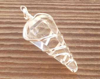 CLEAR QUARTZ Spiral Wire Wrapped Faceted (Pendulum Style) Pendant Gemstone