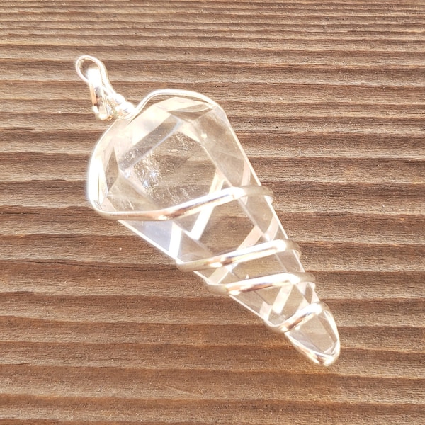 CLEAR QUARTZ Spiral Wire Wrapped Faceted (Pendulum Style) Pendant Gemstone