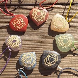 7 CHAKRA Gemstone Engraved Heart Pendant Set With Cords