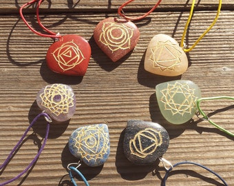 7 CHAKRA Gemstone Engraved Heart Pendant Set With Cords