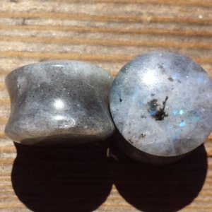 May include: Two round, gray and white gemstone plugs for stretched earlobes. The plugs have a smooth, polished surface and a subtle iridescent sheen.