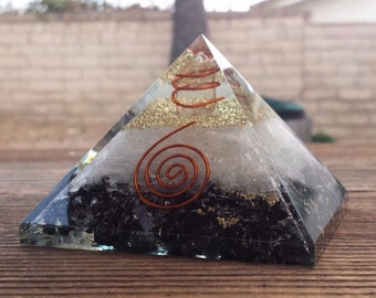 Extra Large (70-75mm) BLACK TOURMALINE/SELENITE  Orgone Gemstone Pyramid X-Large Pyramid Orgone