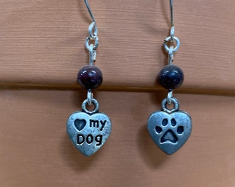 DOG EARRINGS with  Gemstone Garnet Handmade Gemstone  Earrings, Dog Earrings