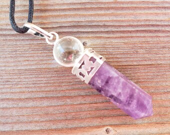 AMETHYST 2 Stone Crystal Point Pendant With Quartz Sphere and Cord Stone Natural Gemstone
