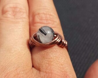 WIRE WRAPPED RING Tourmalated Quartz in Antiqued Copper Handmade