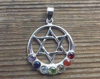 STERLING SILVER .925 PURE Silver Moon And 6 Pointed Star Chakra Pendant