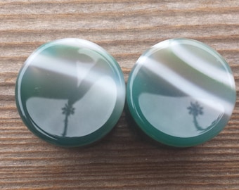 Pair of Real CONCAVE GREEN STRIPE Agate Plugs Gauges Body Jewelry Double Flared - Pick Size