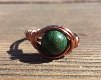 WIRE WRAPPED RING Azurite in Lapis  in Antiqued Copper Handmade