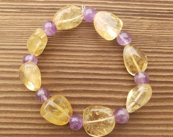 CITRINE with AMETHYST BEADS Natural Tumbled Stone Gemstone Stretchy Bracelet