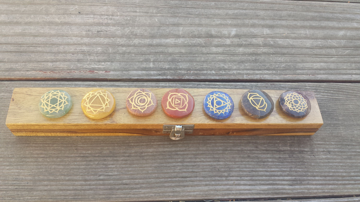 7 CHAKRA Gemstone Engraved Disk Set With Box