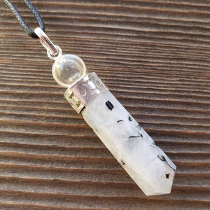 RAINBOW MOONSTONE 2 Stone Crystal Point Pendant With Quartz Sphere and Cord Stone Natural Gemstone