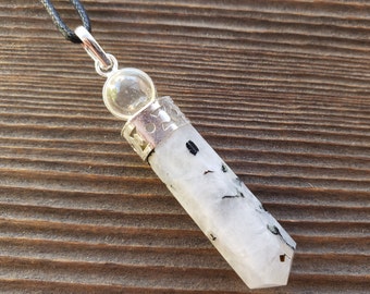 RAINBOW MOONSTONE 2 Stone Crystal Point Pendant With Quartz Sphere and Cord Stone Natural Gemstone