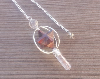 Natural RED TIGER EYE Gemstone 3 Stone Merkaba Spinning Star Faceted Pendulum