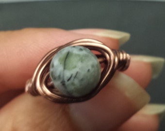 WIRE WRAPPED RING Indian Jade and Antique Copper Handmade