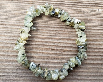 GREEN RUTILATED QUARTZ Natural Stone Gemstone Stretchy Chip Bracelet