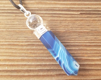 BLUE ONYX 2 Stone Crystal Point Pendant With Quartz Sphere and Cord Stone Natural Gemstone
