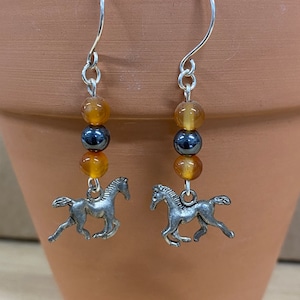 HORSE EARRINGS with Gemstone Carnelian and Hematite Handmade Gemstone  Earrings