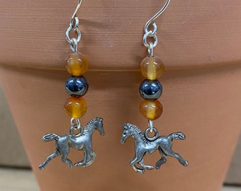 HORSE EARRINGS with Gemstone Carnelian and Hematite Handmade Gemstone  Earrings