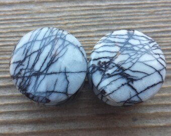 Pair of Real BLACK NET STONE (Black Net Jasper)  Plugs Gauges Body Jewelry Double Flared - Pick Size