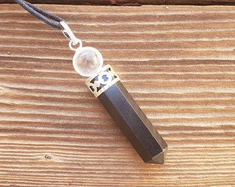 OBSIDIAN 2 Stone Crystal Point Pendant With Quartz Sphere and Cord Stone Natural Gemstone