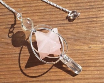 Natural ROSE QUARTZ Gemstone 3 Stone Merkaba Spinning Star Faceted Pendulum