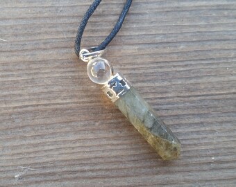 LABRADORITE 2 Stone Crystal Point Pendant With Quartz Sphere and Cord Stone Natural Gemstone