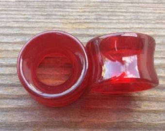 Pair of RED GLASS TUNNEL Plugs Gauges Body Jewelry Double Flared - Pick Size