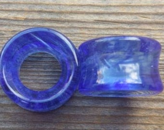 Pair of BLUE GLASS TUNNEL Plugs Gauges Body Jewelry Double Flared - Pick Size