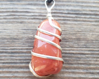 CARNELIAN Spiral Wrapped Tumbled Stone Pendant Gemstone