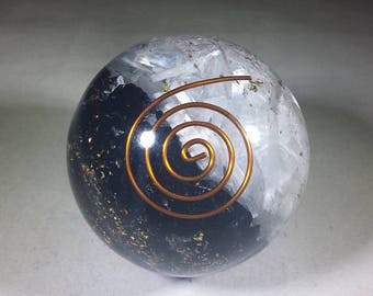 LARGE (60-70mm) SELENITE/TOURMALINE stone Orgone Gemstone Sphere Orgone Sphere