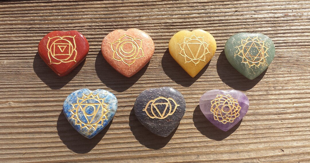 7 CHAKRA Gemstone Engraved Heart Disk Set - Etsy