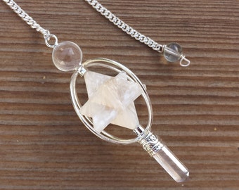 Natural SCOLECITE Gemstone 3 Stone Merkaba Spinning Star Faceted Pendulum